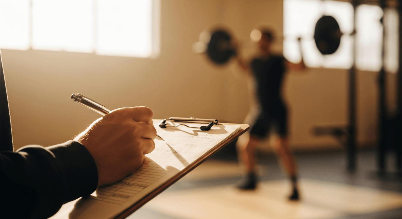 Coach writing personalized notes on clipboard while athlete lifts in warm, blurred gymnasium background.