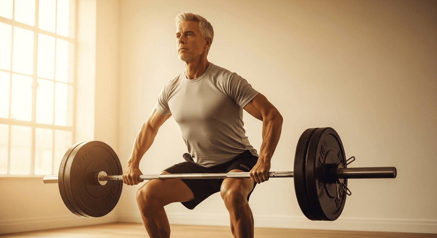 A fit man in his mid-fifties performs a deadlift with a loaded barbell in a bright, minimal gym.