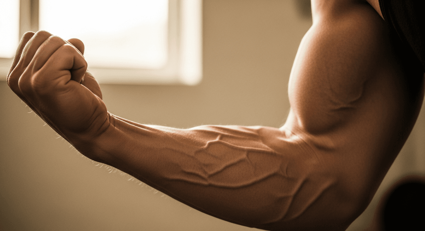 Close-up of a muscular forearm at peak contraction with prominent veins visible under warm natural light.