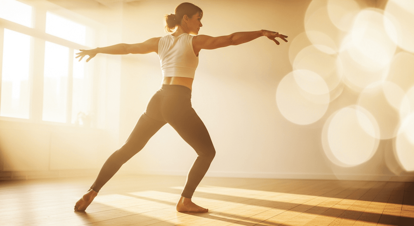 Athletic woman mid-dance in golden sunlit studio, radiating strength and effortless energy.