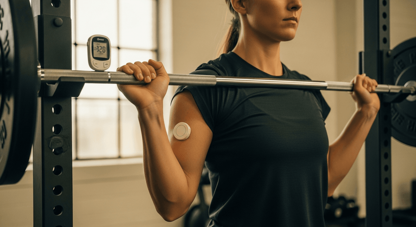 Type 1 diabetic athlete performing a barbell curl with a visible CGM sensor on their arm and glucose monitor nearby.