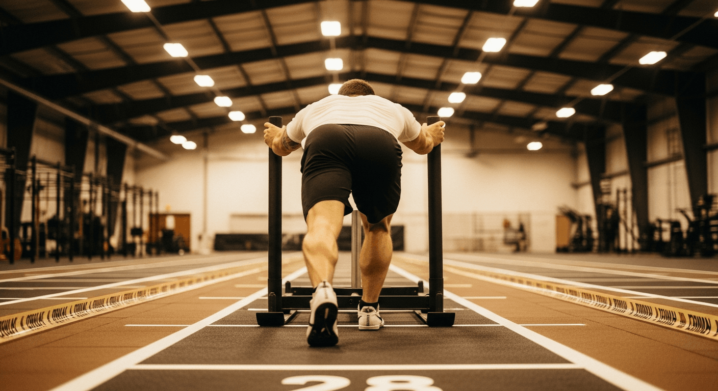 Athlete driving a competition sled across a functional fitness hall floor at race pace.