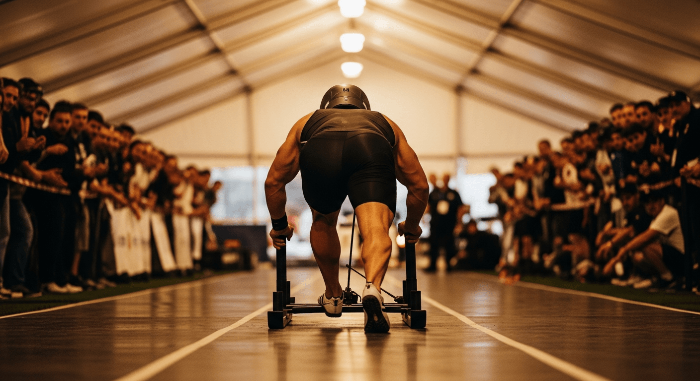 HYROX athlete in low-drive sled push stance, surrounded by blurred competition crowd under tent lighting.