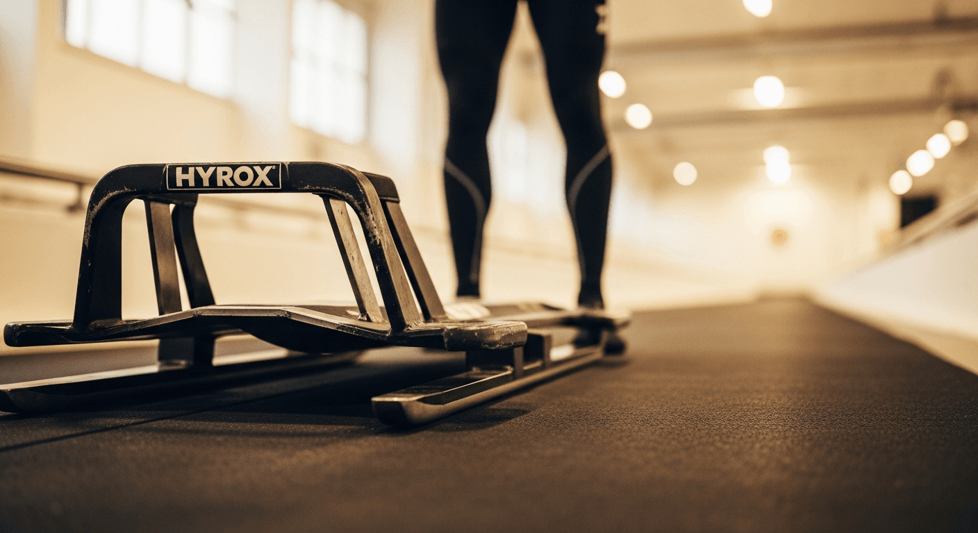 A HYROX competition sled rests on black flooring with a blurred athlete's legs behind it in warm golden arena light.