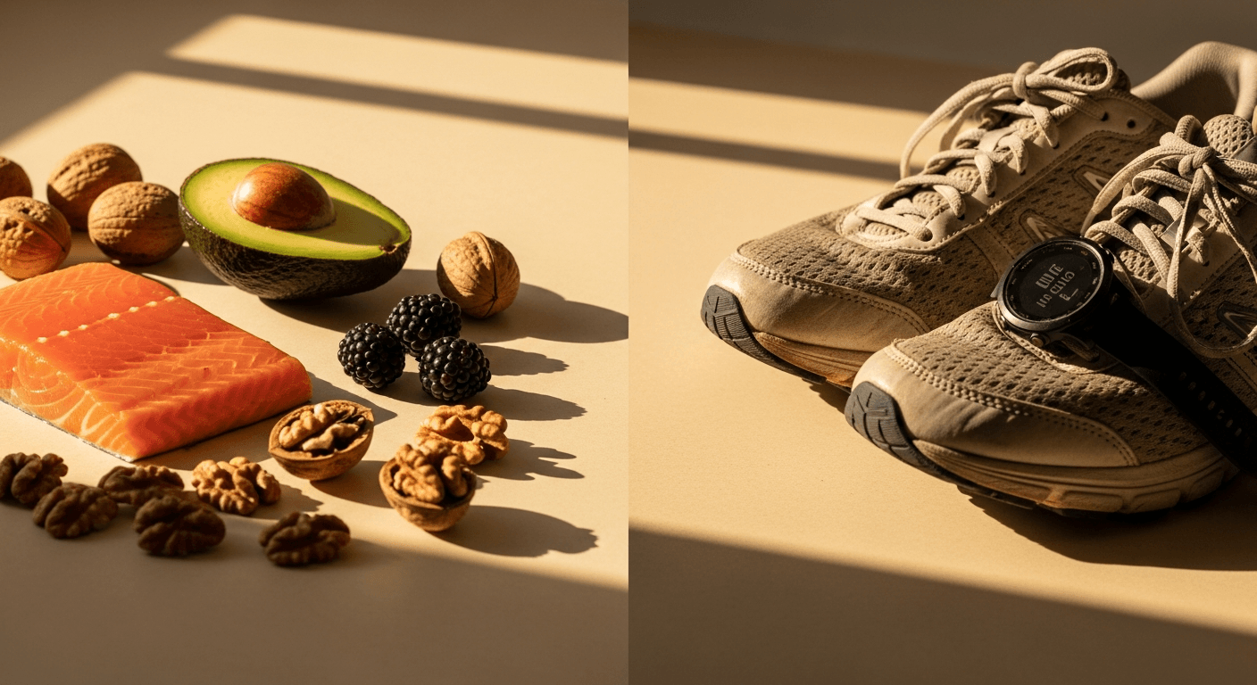 Split-frame still life pairing whole foods and running shoes in warm golden-hour light.