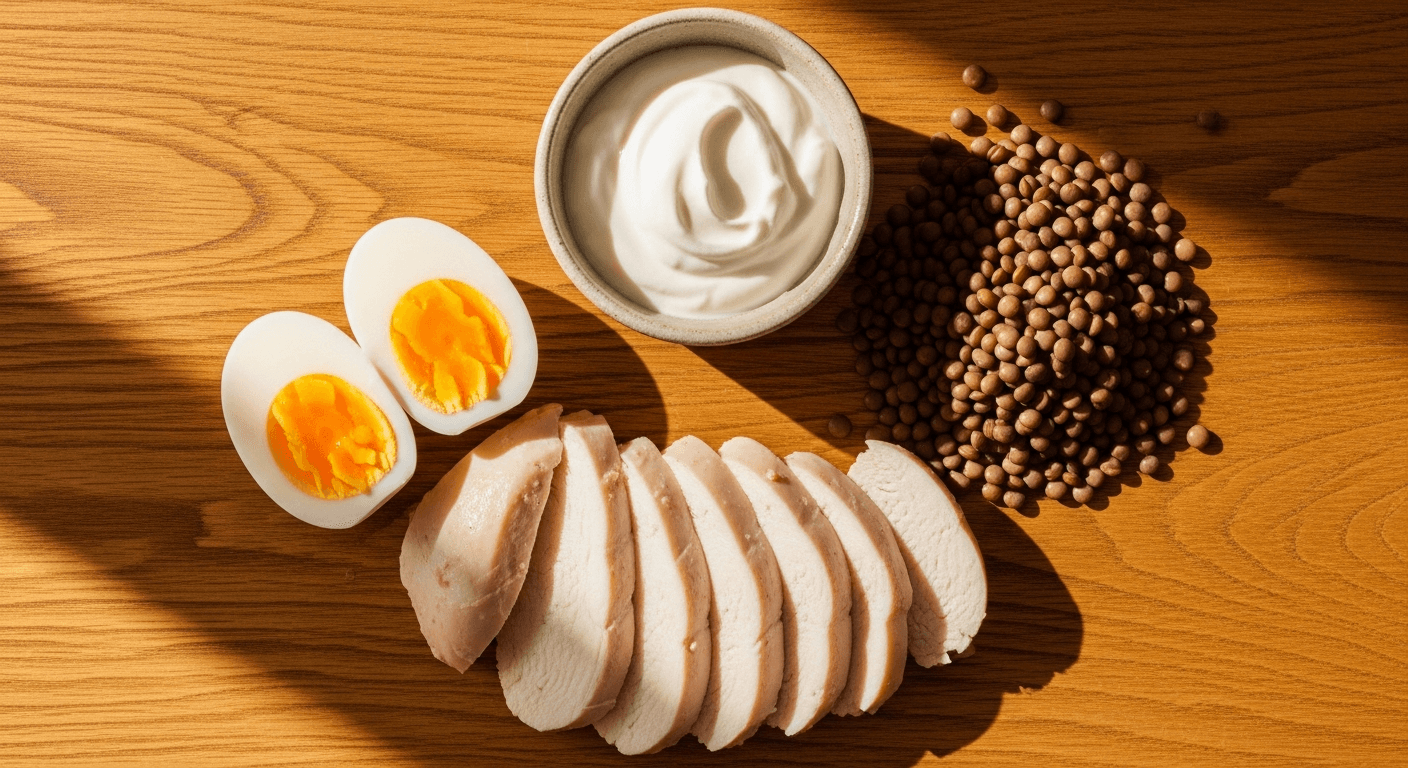 Overhead flat lay of protein sources including sliced chicken, eggs, Greek yogurt, and lentils on warm wood.