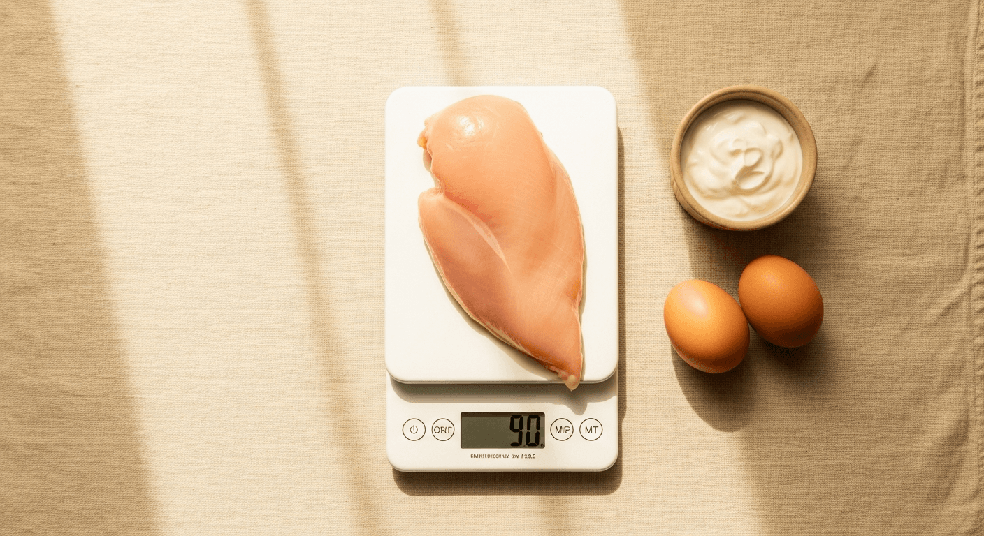 Kitchen scale with raw chicken breast, Greek yogurt, and eggs on warm cream linen.