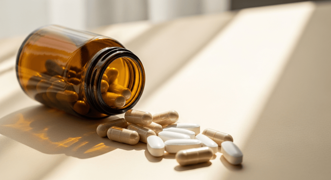 White supplement capsules spilling from an amber bottle onto a warm cream surface.