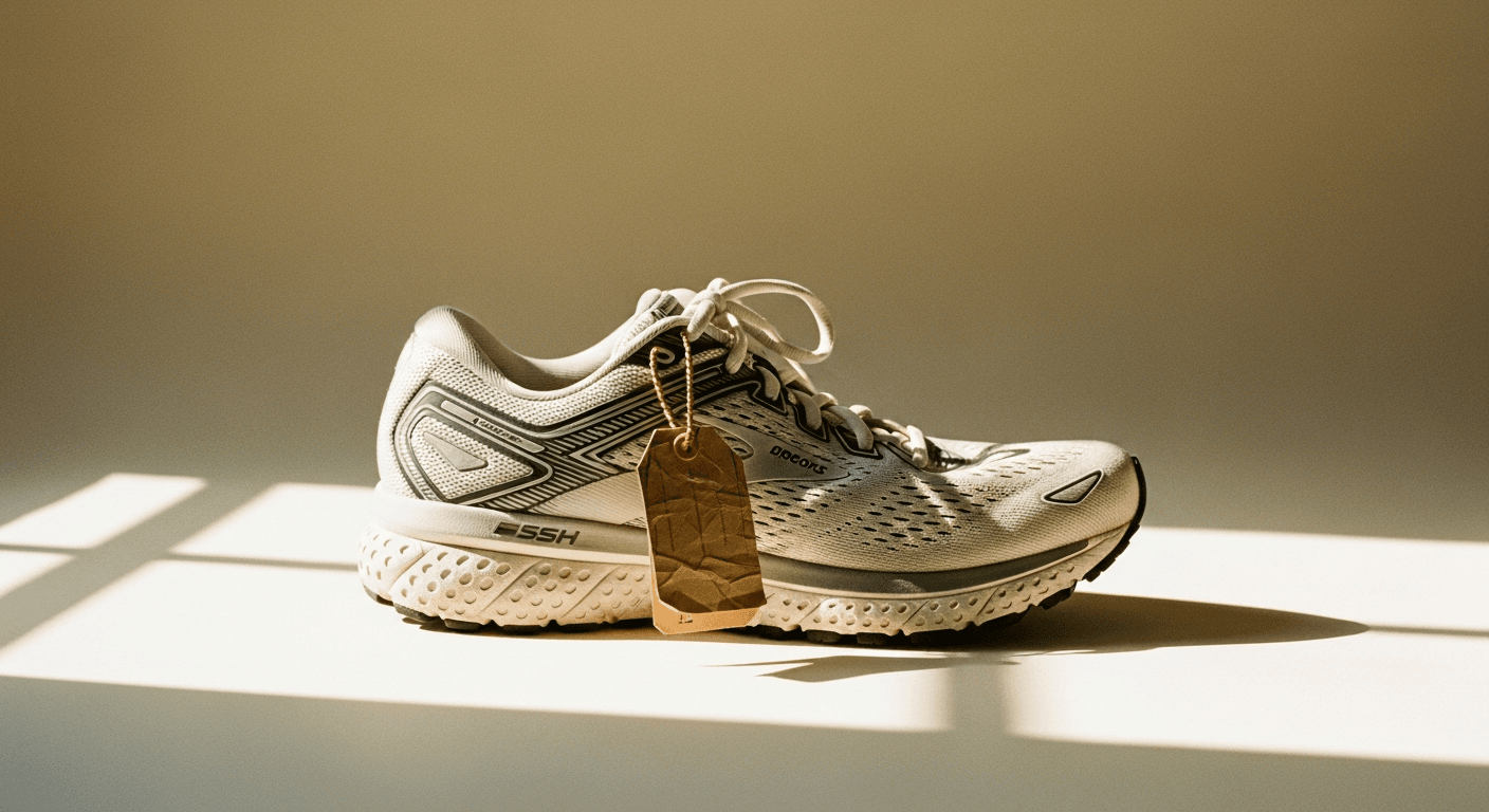 A worn running shoe with a hanging price tag on a warm cream-colored surface.