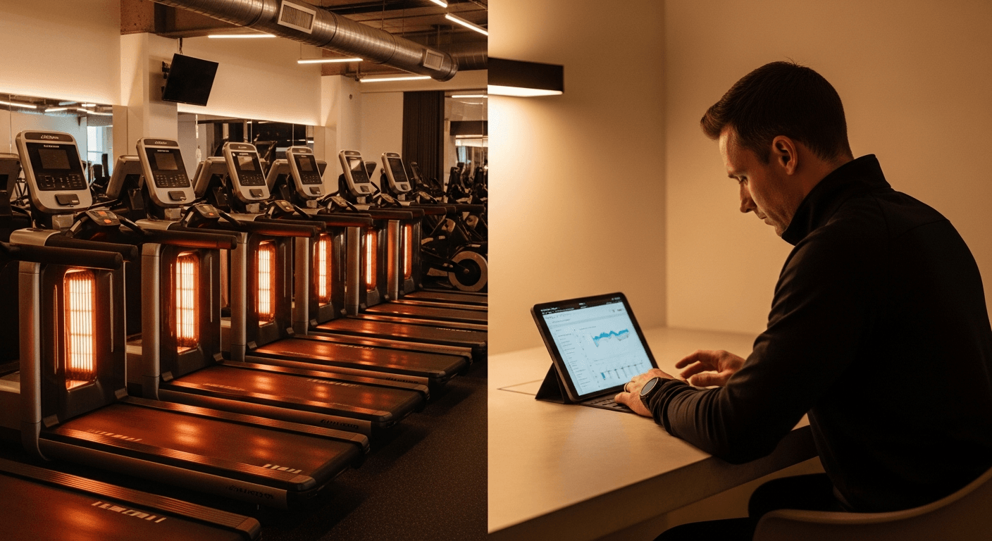 A coach seated at a desk overlooking a warmly lit infrared gym, embodying the tension between AI coaching technology and human leadership.