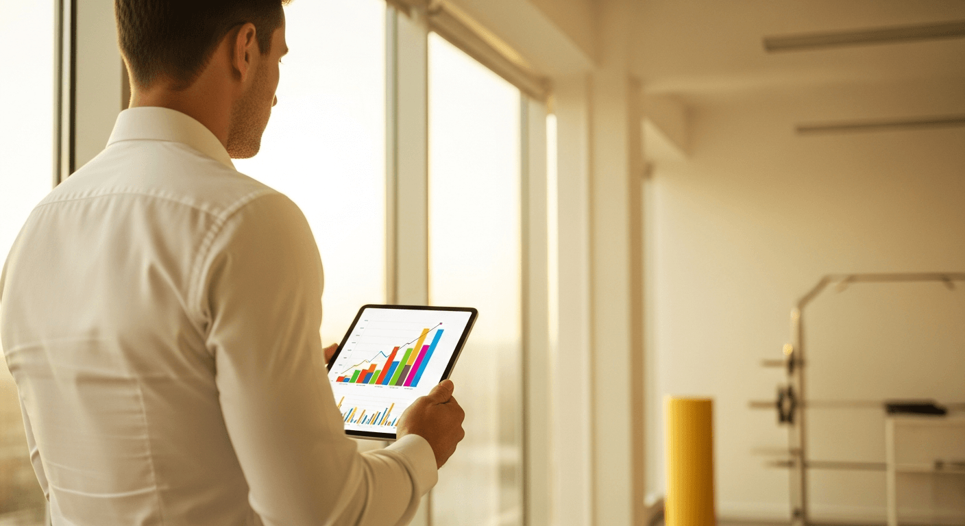 A confident coach studies upward-trending charts on a tablet by a sunlit window in a modern office.