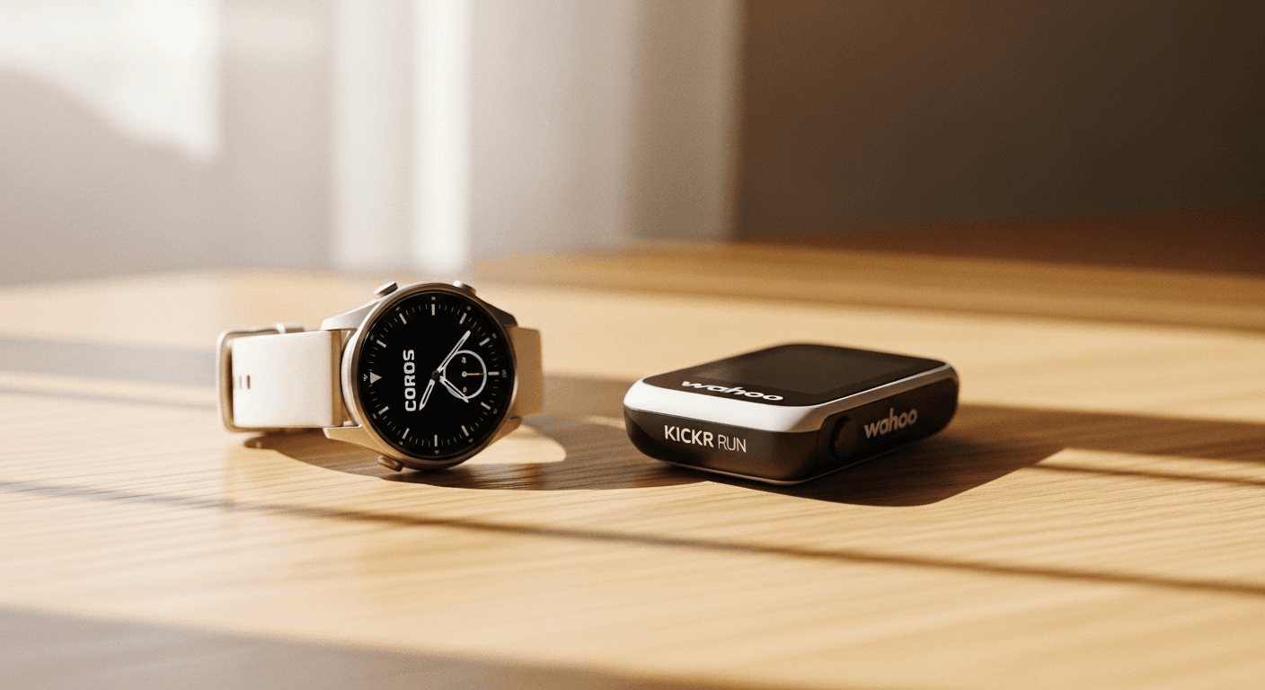 A COROS watch and Wahoo KICKR RUN footpod placed side by side on a light oak desk.