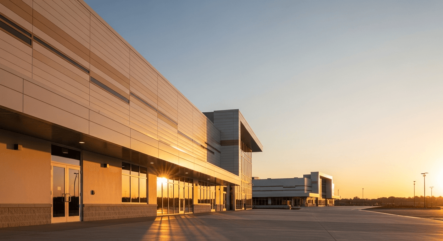 Modern gym facility exterior bathed in warm golden dawn light, with a second building softly blurred in the background.