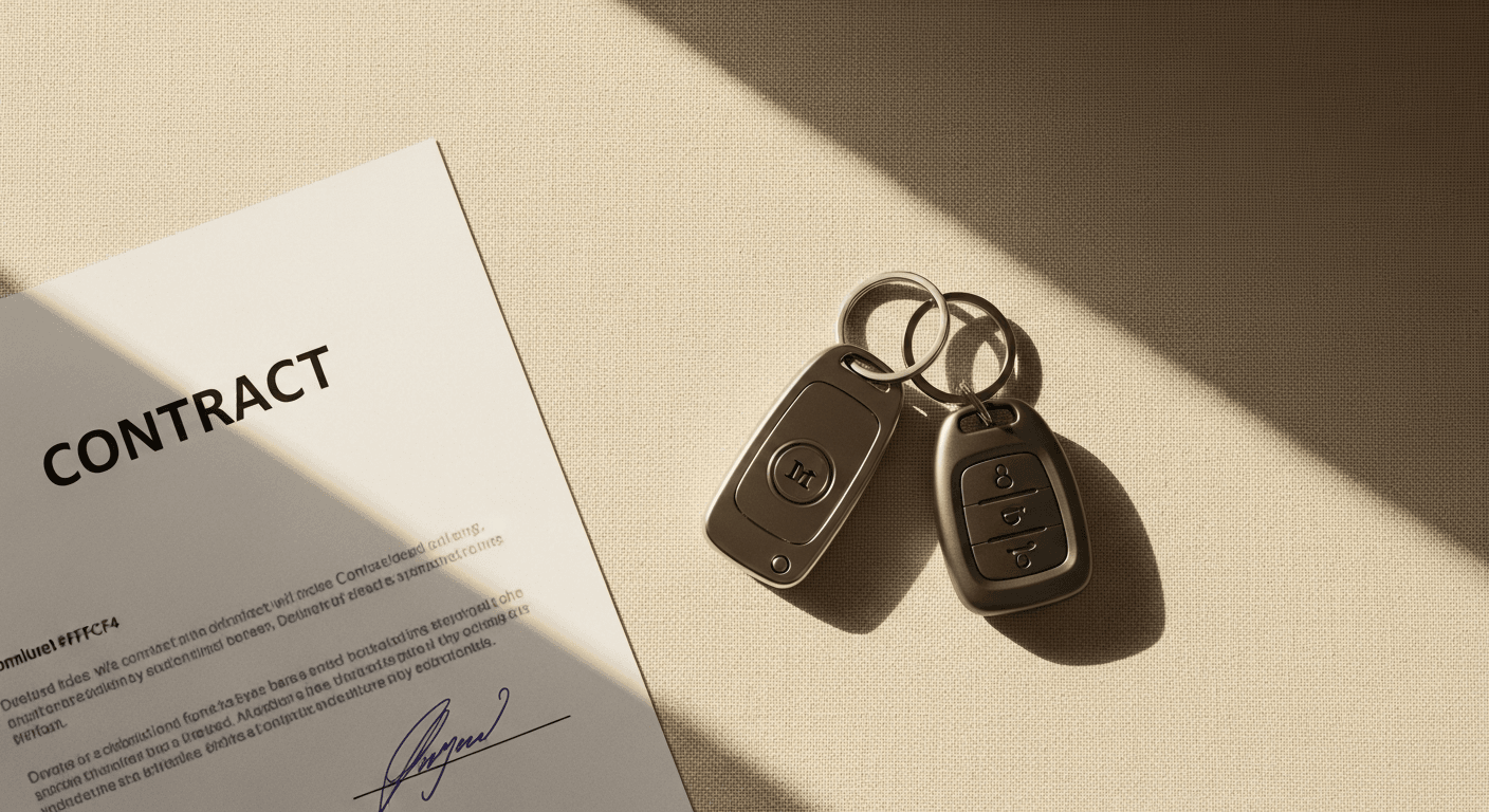Overhead photo of a signed contract and two premium metal key fobs on a warm cream linen surface.