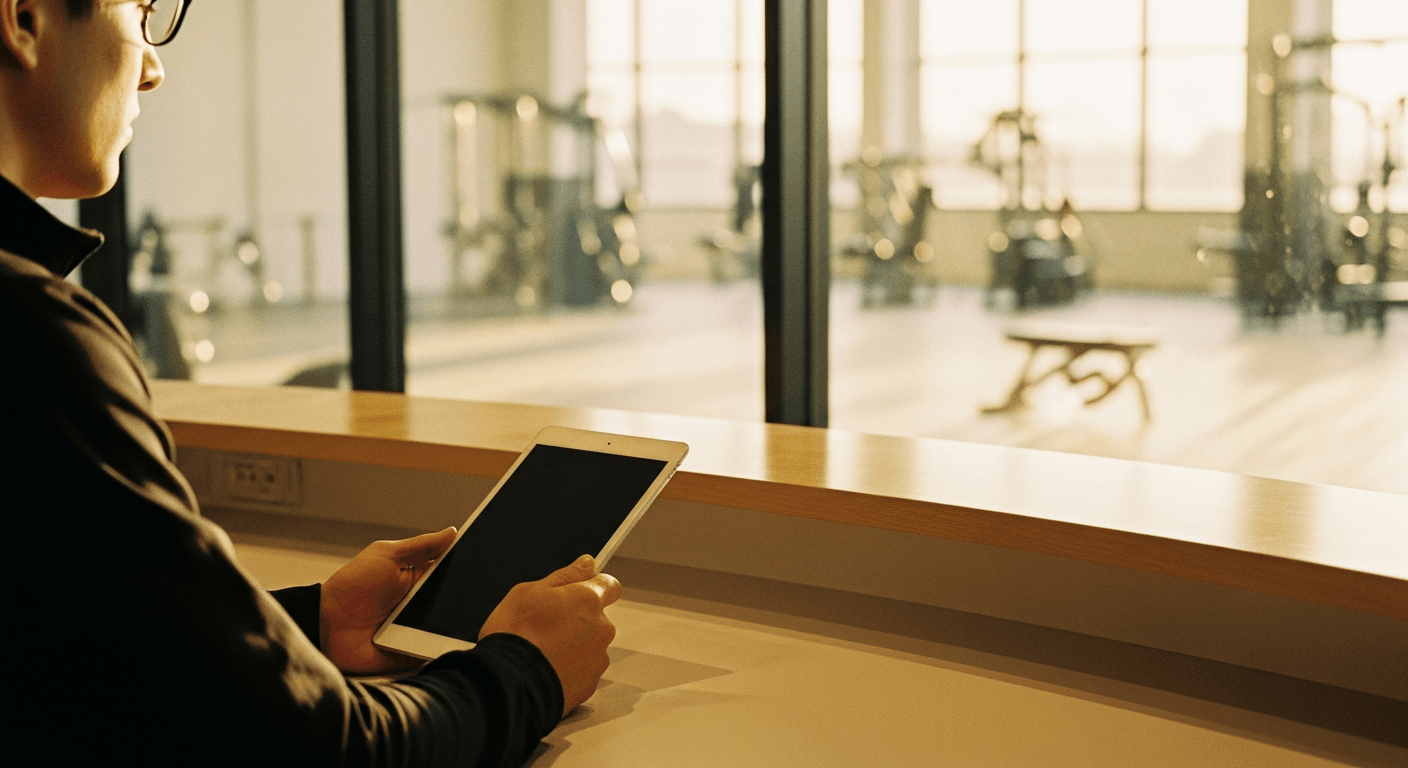Gym manager reviews declining activity data on a tablet while an empty gym floor sits quiet in warm morning light.