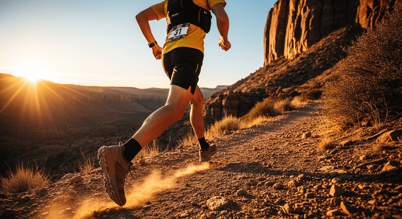 Elite trail runner mid-stride descending a rugged canyon singletrack in warm golden-hour light.
