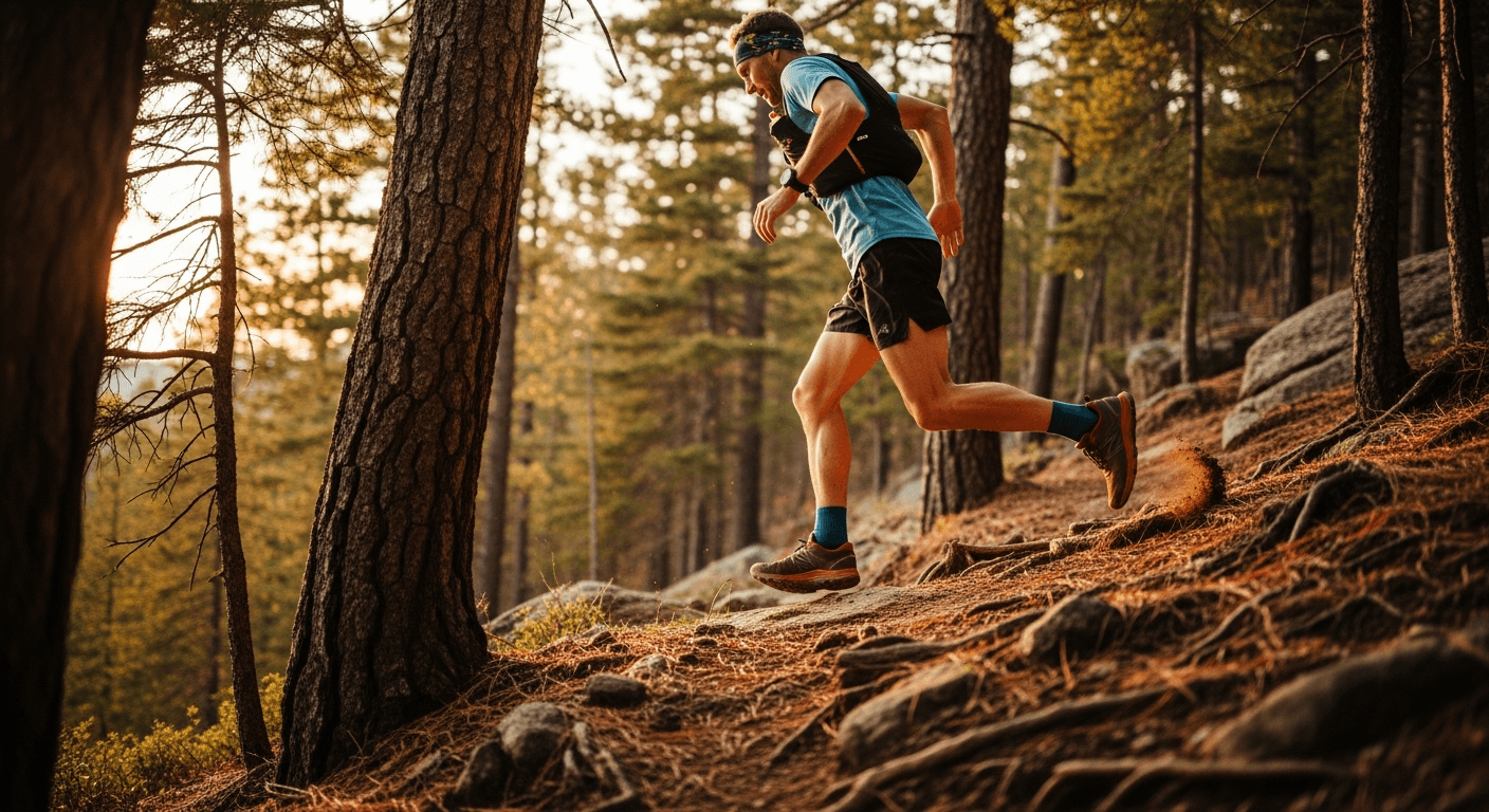 Trail runner ascending a rocky forest path through pine trees in golden-hour light during an uphill climb.