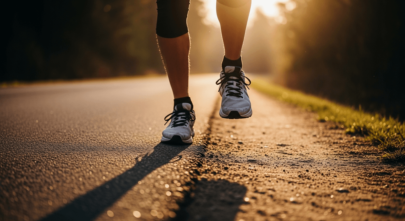 A runner mid-stride transitioning from asphalt road to forest trail in golden-hour light.