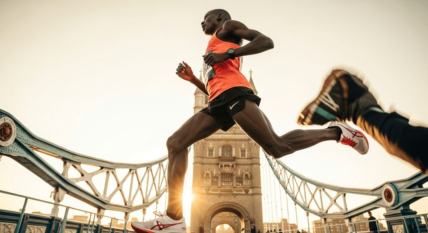 A marathon runner in full stride crosses Tower Bridge in London during golden morning light.