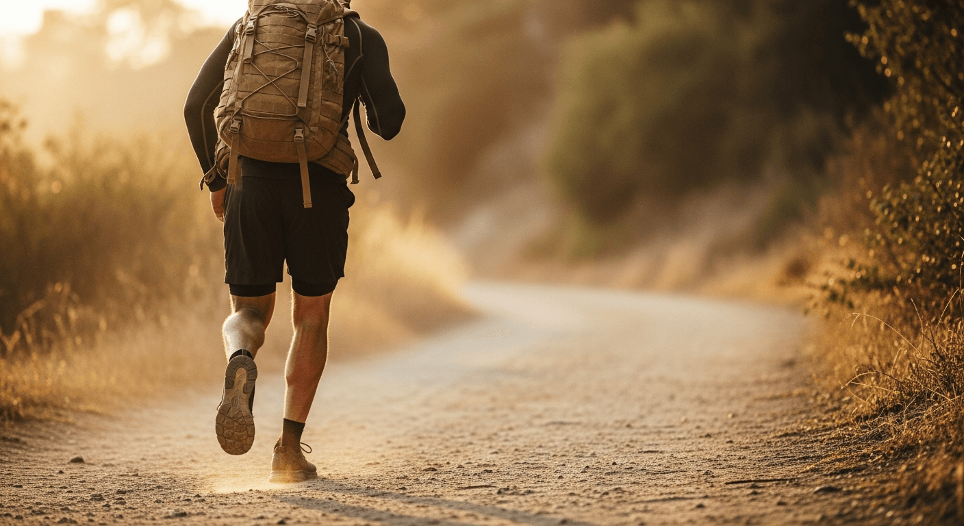 Athlete walking forward on a dirt trail wearing a loaded weighted rucksack in golden late-afternoon light.