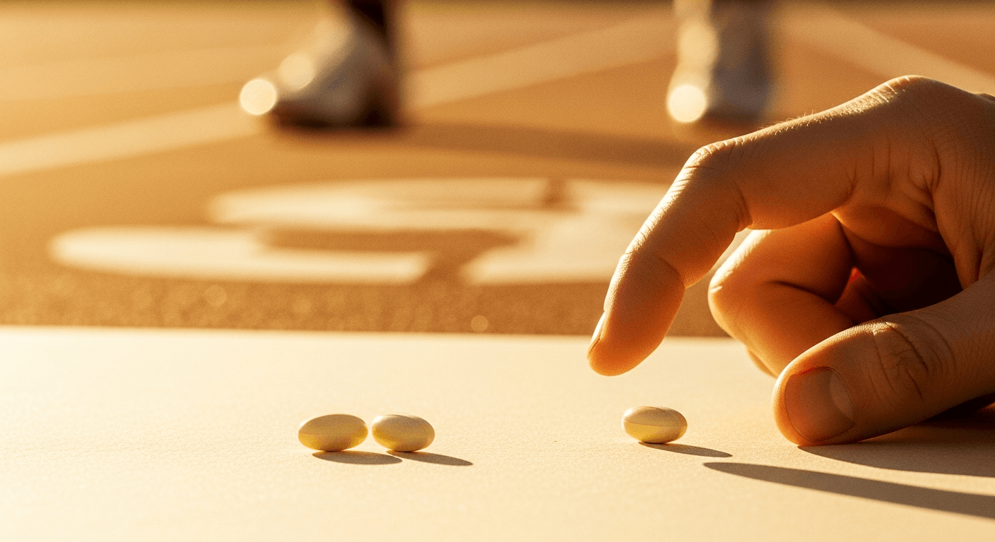 Athlete's hand reaching toward supplement capsules on a warm-lit athletics track background.