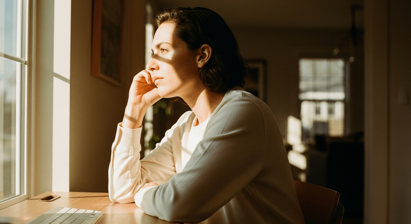 Person seated at home desk by window, hand at temple, gazing outward in warm afternoon light.