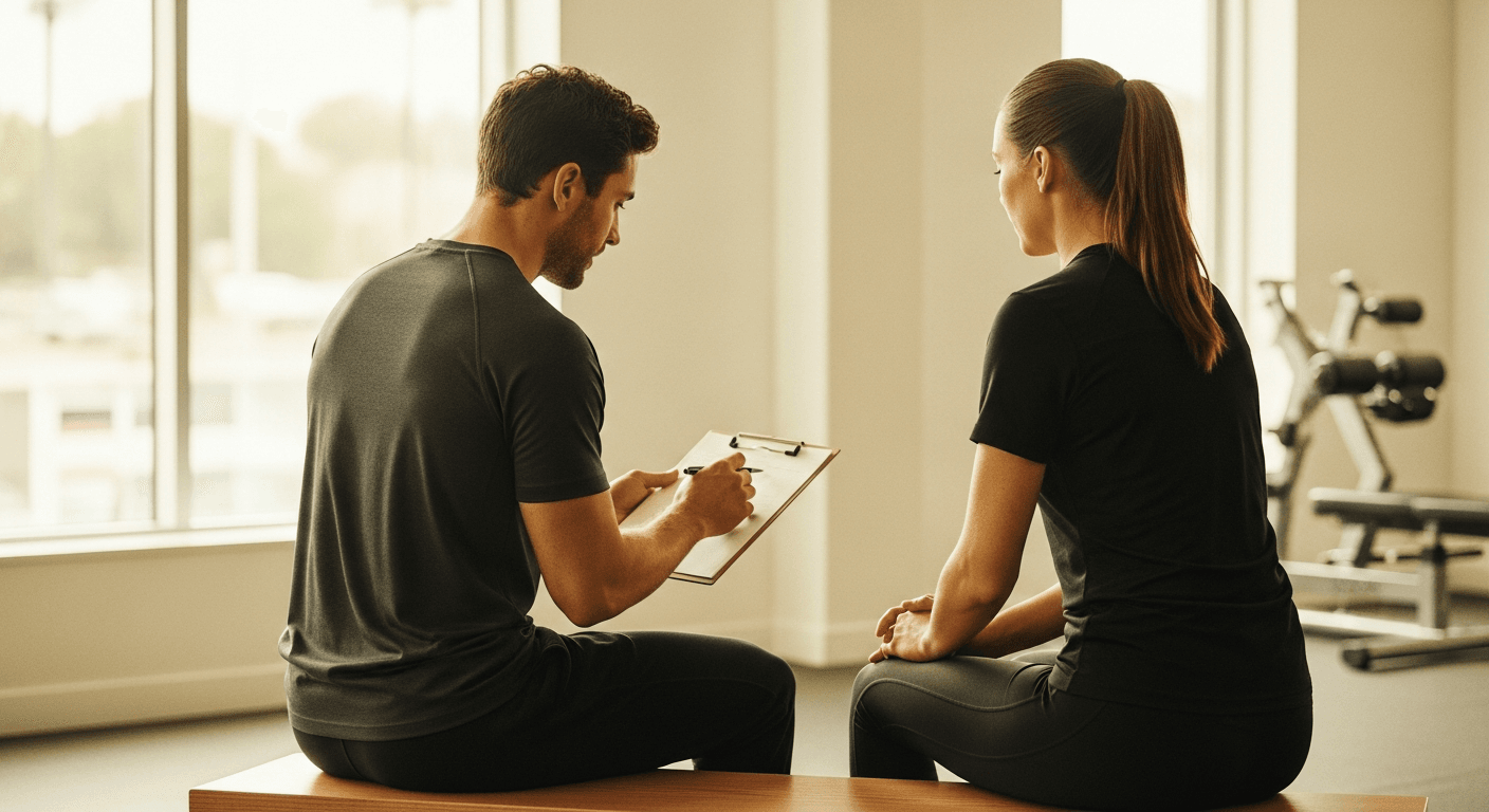 A coach and seated client review a training plan together on a clipboard in a minimalist gym setting.