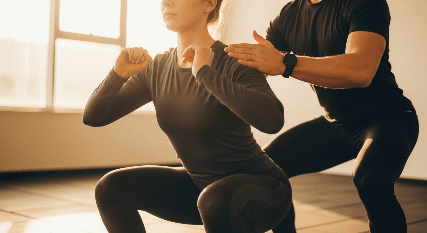 A trainer spots a client during a squat with attentive hand guidance in a warmly lit gym.