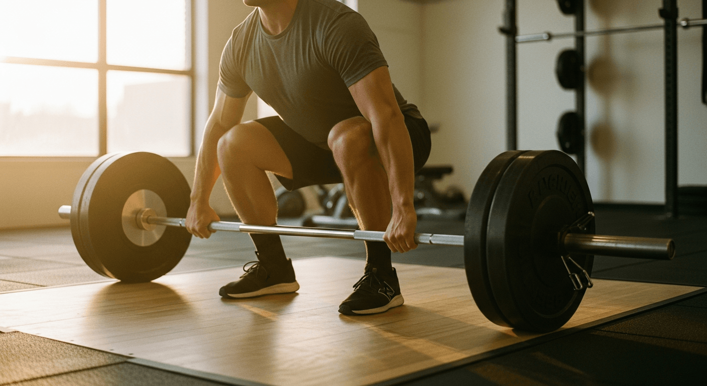Male athlete performing the controlled lowering phase of a Romanian deadlift with focused concentration.