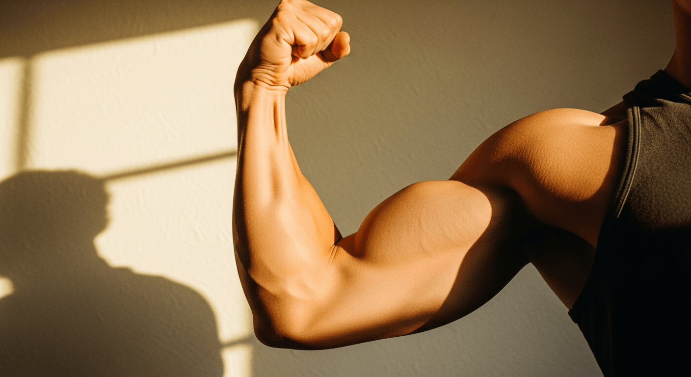 Close-up of a man's flexed bicep illuminated by warm golden light against a cream background.