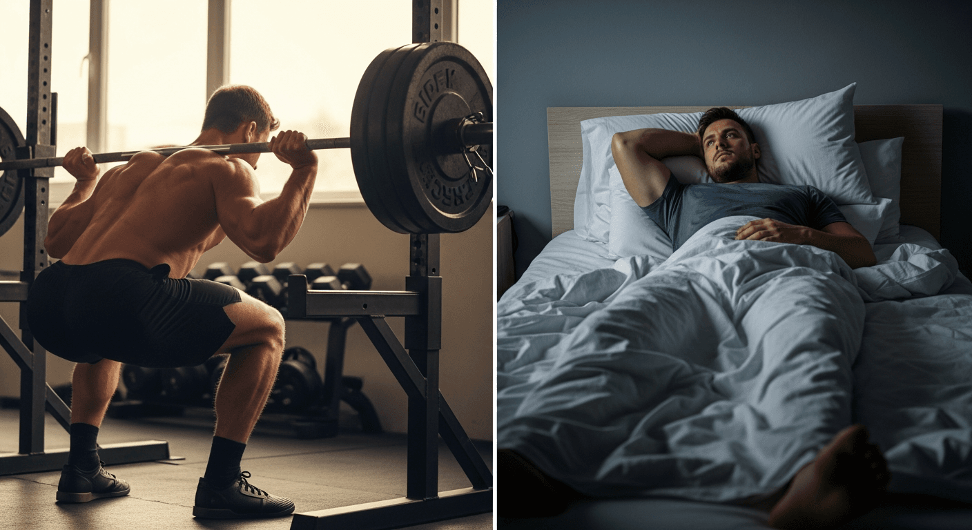 Split-frame image: muscular man deadlifting in warm-lit gym on left; same man awake in bed on right in cool dim light.