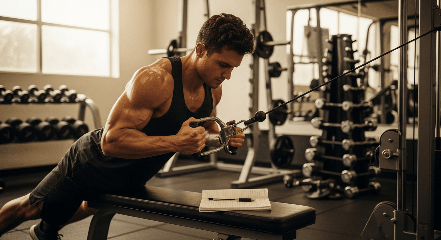 Male lifter performing a cable row exercise in warm golden gym light with a training notebook resting on the bench nearby.