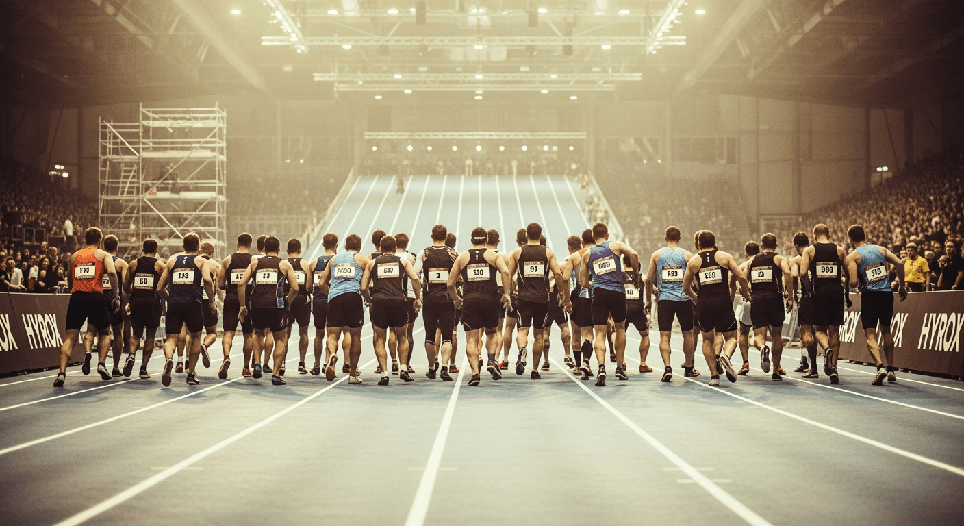 HYROX athletes surge forward at the race start, captured from behind in warm golden arena lighting.