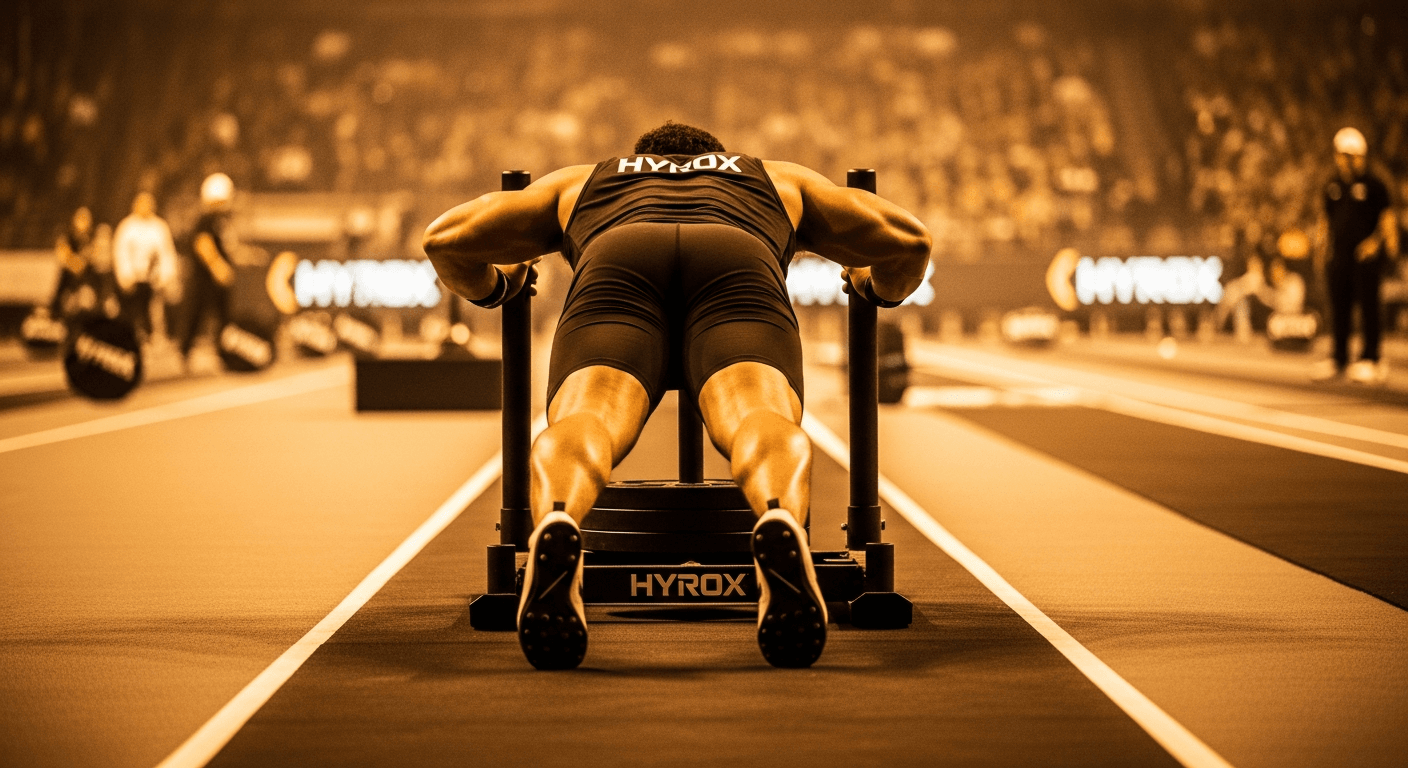 A HYROX competitor pushes a weighted sled across polished black competition flooring.