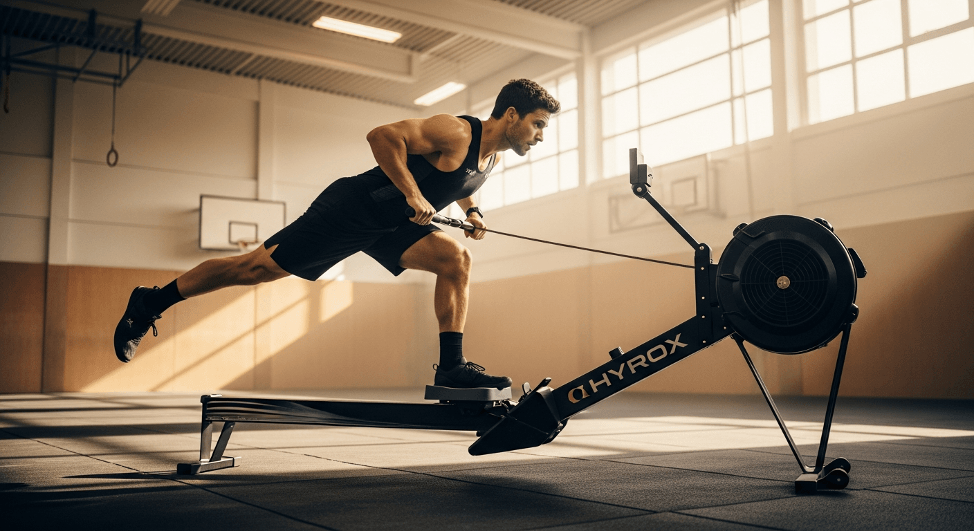 Male HYROX athlete in dark kit pulling hard on a ski erg machine in a gym.