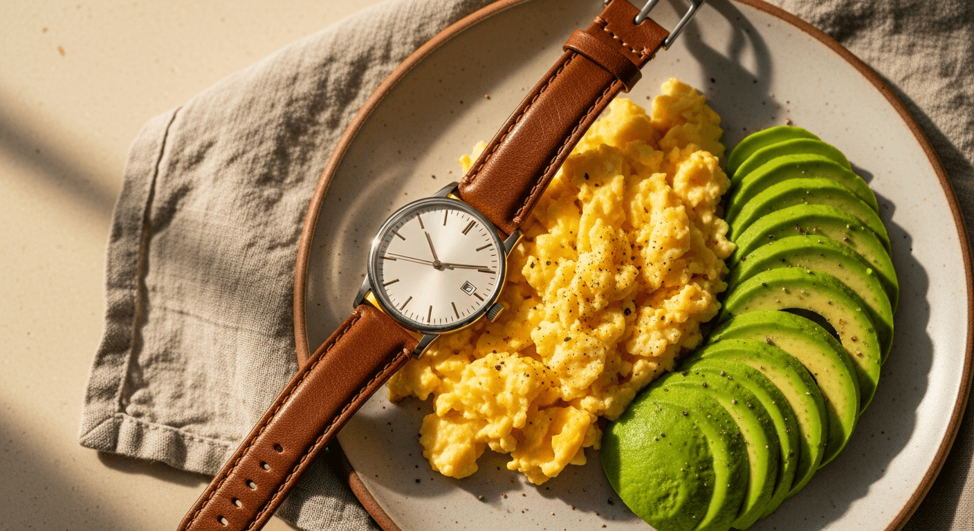 Analog watch with leather strap overlapping a breakfast plate of eggs and avocado in warm golden morning light.