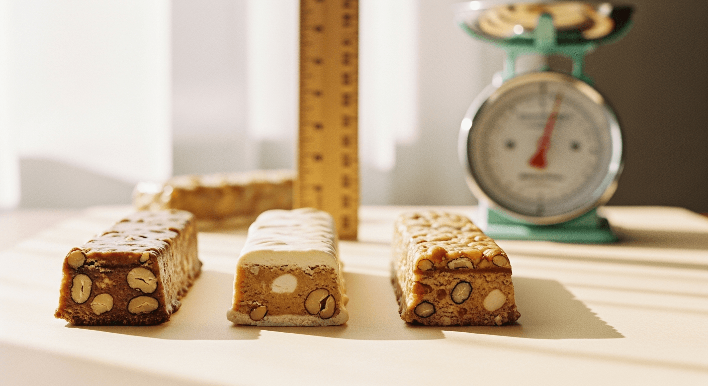 Three protein bars sliced to reveal interior textures, arranged with a ruler and kitchen scale for measurement comparison.