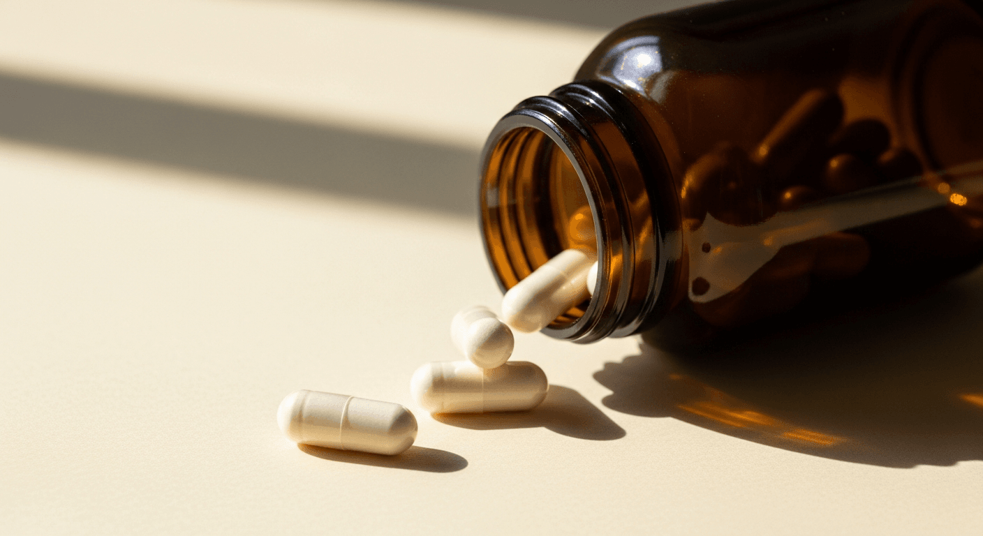 Amber glass supplement bottle on its side with white capsules spilling onto a cream surface in soft golden light.