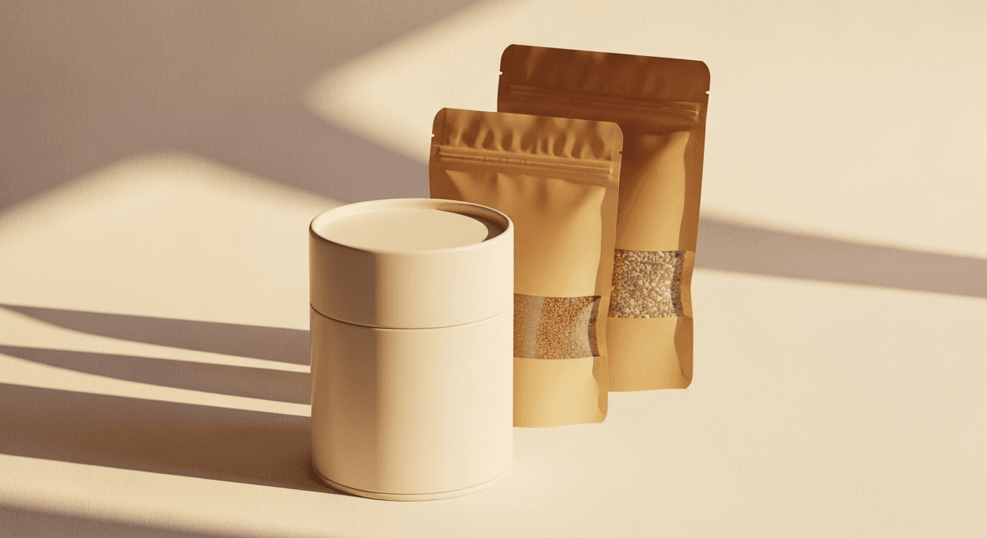 Three blank superfood containers arranged in hierarchical formation on cream surface with warm golden light.