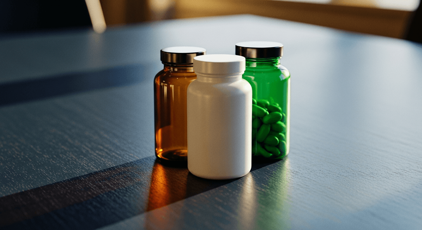 Three premium supplement bottles arranged on an elegant boardroom table surface.