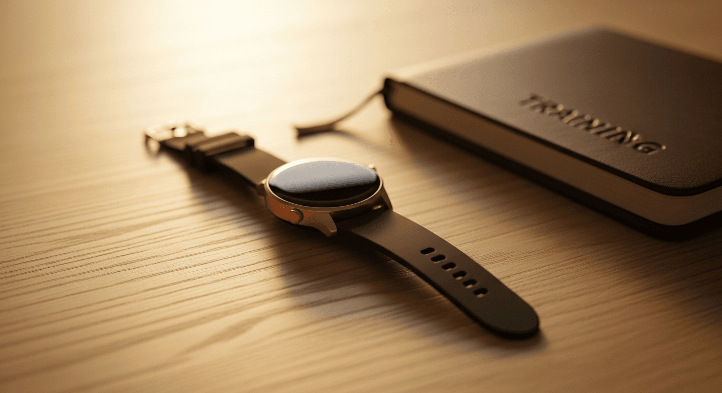 A sleek smartwatch and leather training journal rest on warm oak wood in golden-hour light.