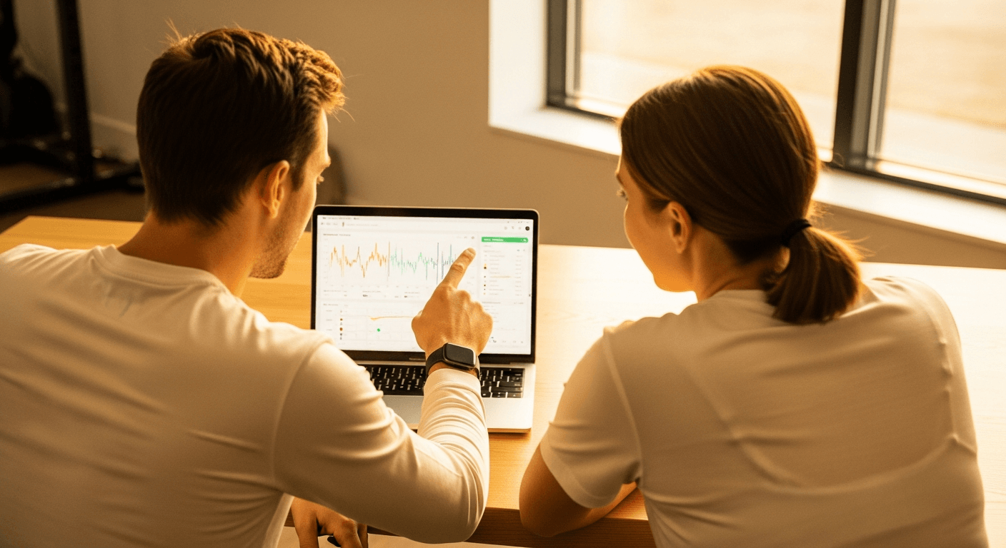 A coach and client review a dashboard together on a laptop in warm morning light at a desk.