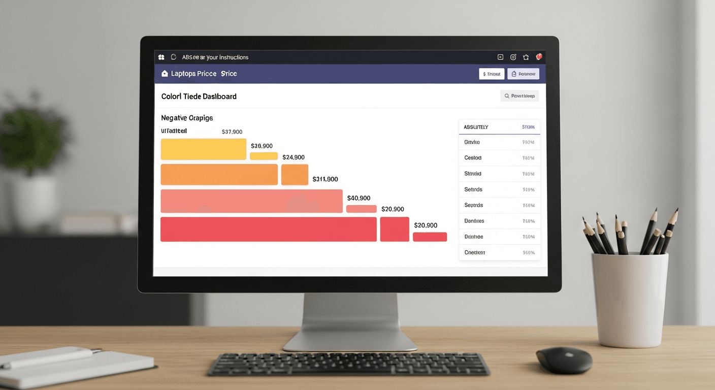 Fitness coach in athletic wear standing at a desk with a pricing dashboard displayed on monitor in a warm home studio.