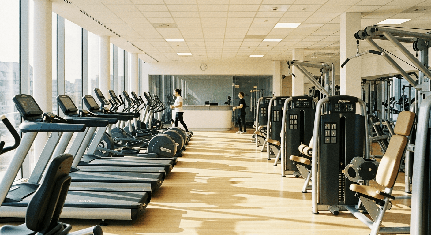 Modern French fitness club interior with workout equipment and members exercising in natural daylight.