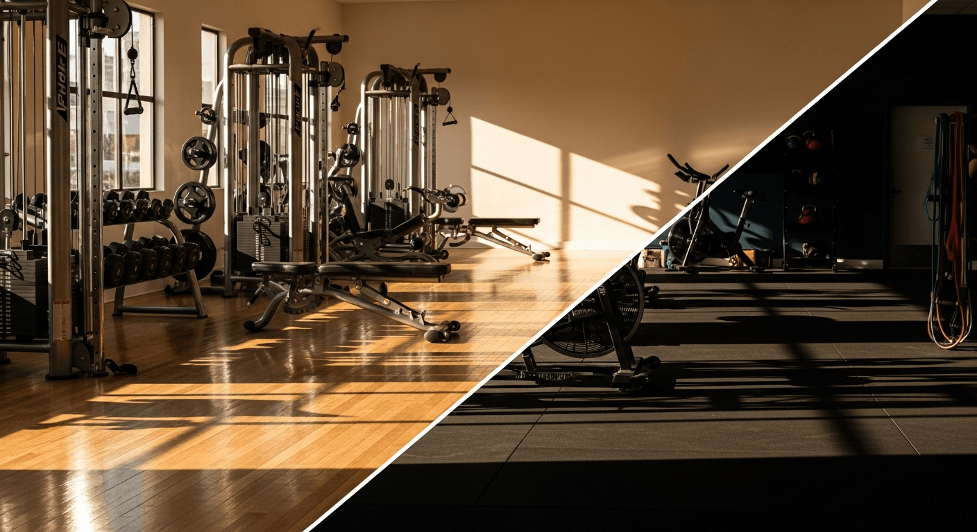 Gym floor split between a bright premium side with polished equipment and a dim sparse side with worn gear.