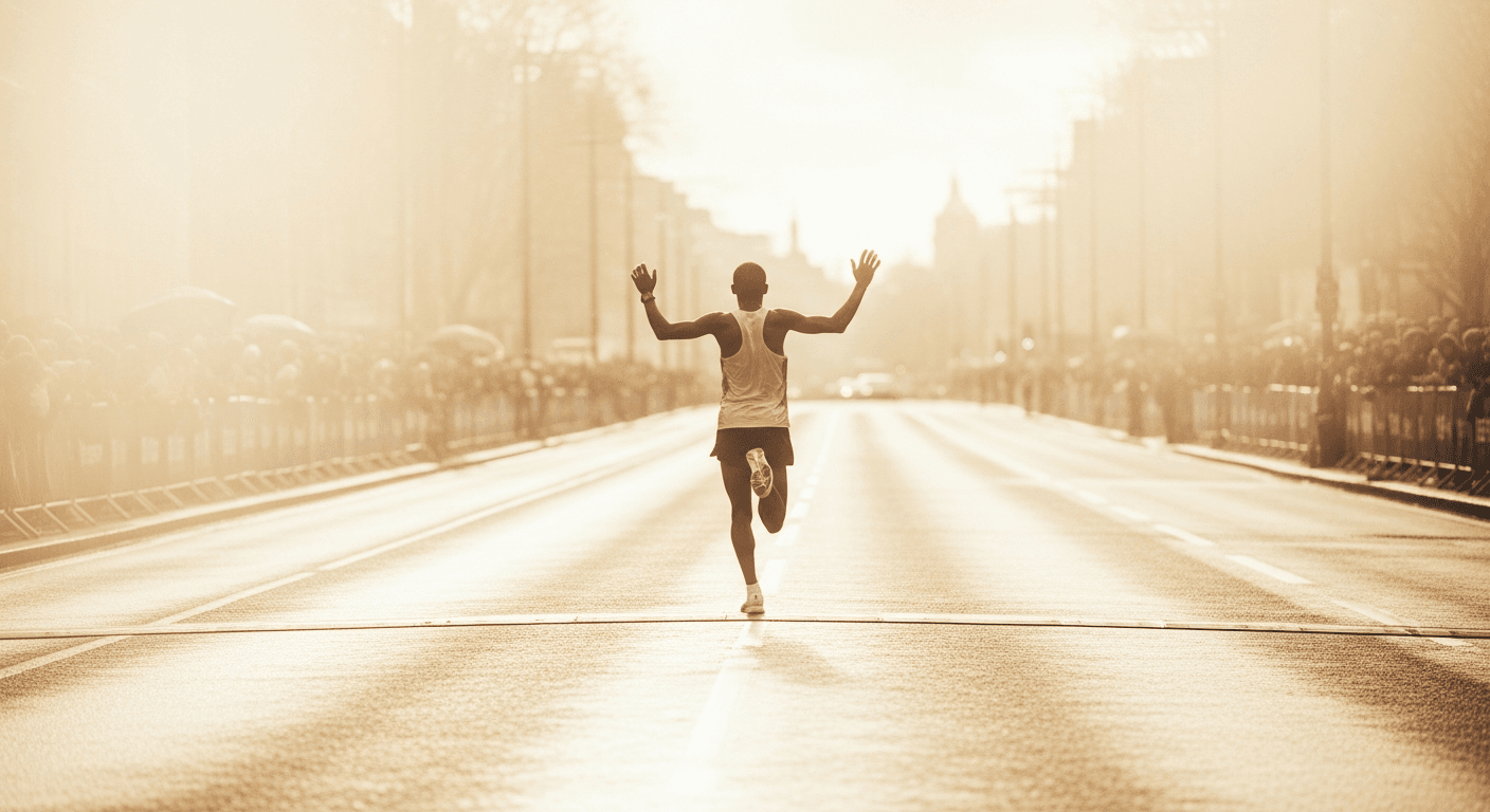 A marathon runner captured from behind mid-stride on a wet London urban road at the finish line.