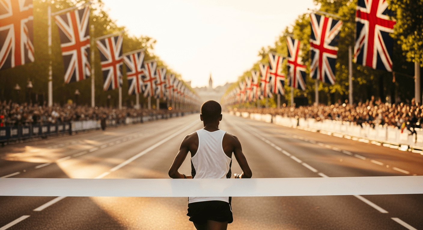 Elite runner crosses the finish line on The Mall in London in golden hour light, with Union Jack flags and crowd lining the course.