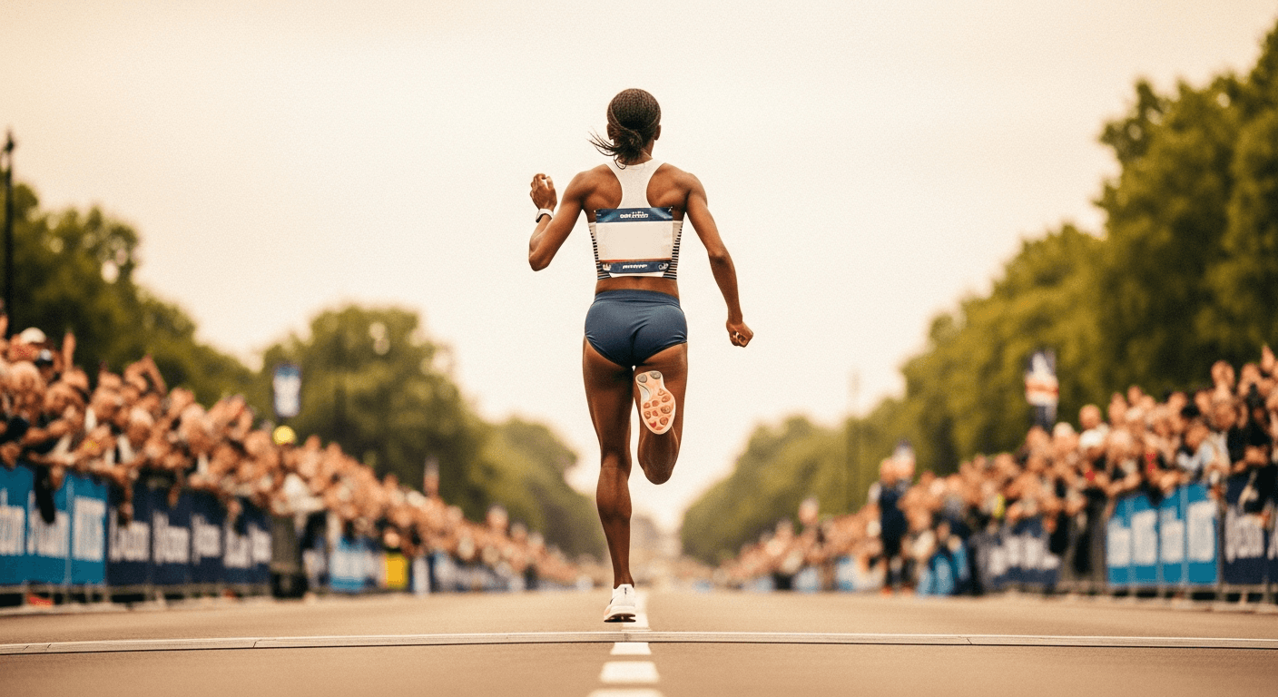 Female runner in explosive stride shot from low angle with blurred crowd of spectators in warm golden light behind her.