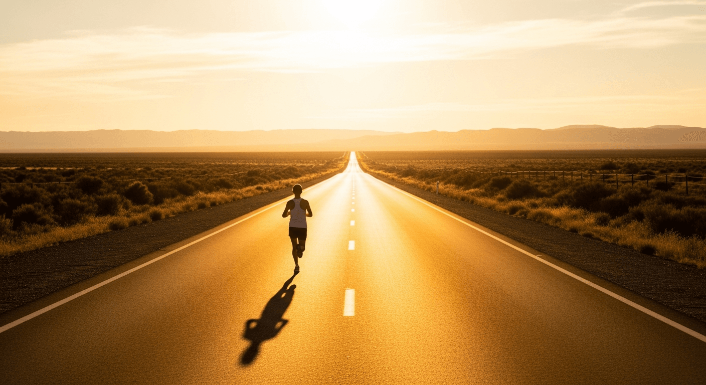 A solitary runner strides across a golden road stretching toward the horizon under warm golden-hour light.