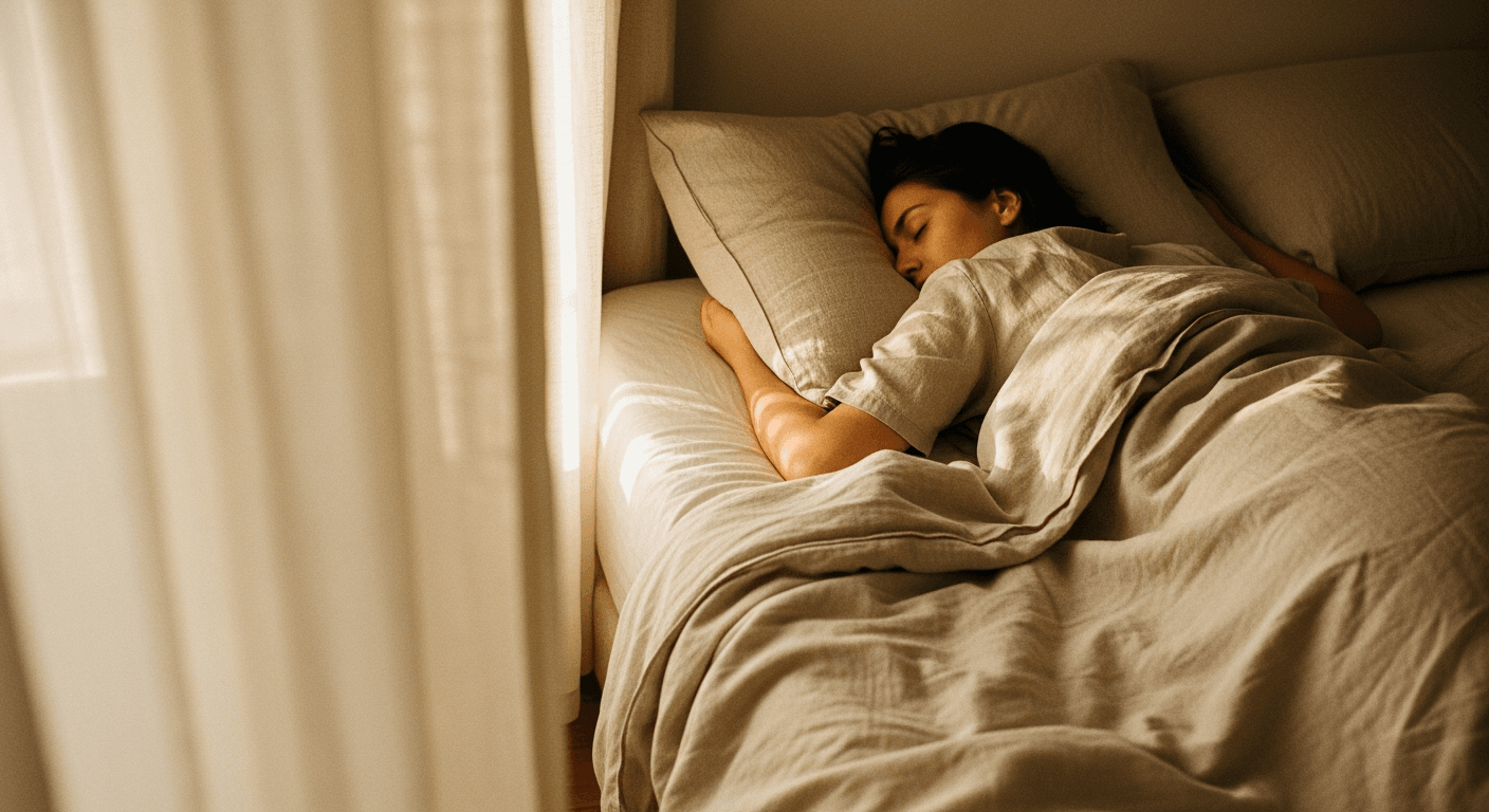 A person sleeping peacefully on their back in bed, bathed in soft warm light filtering through sheer curtains.